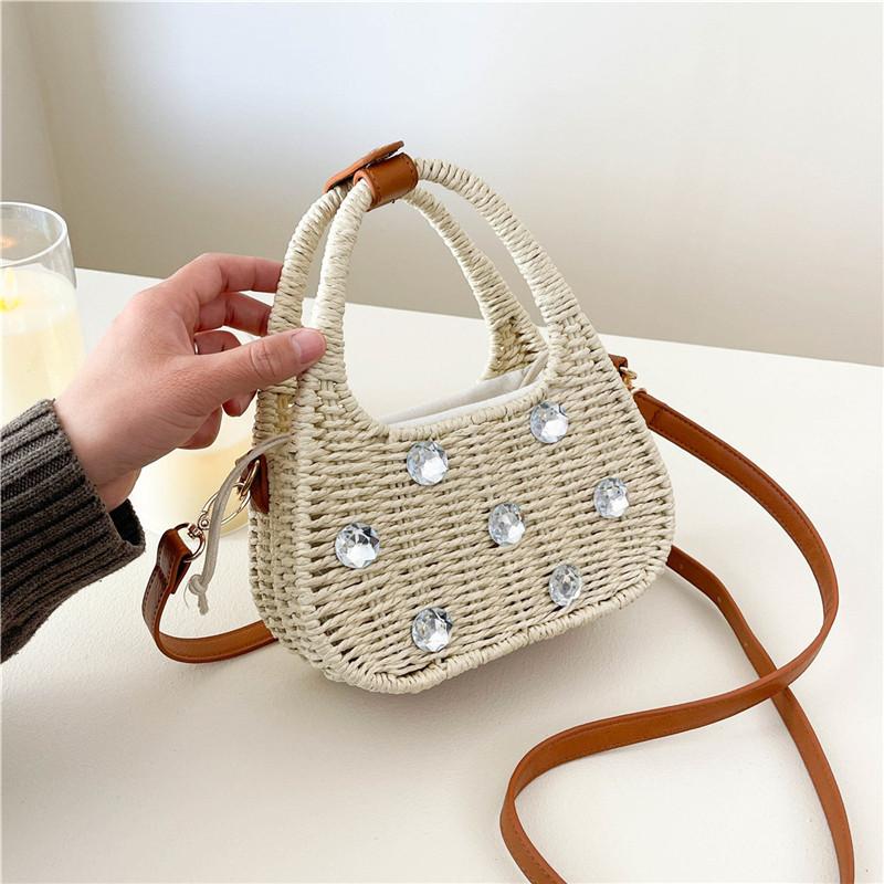Personalized Handbag New Woven Straw Popular Handmade Fashion One Shoulder Niche Large Rhinestone Messenger Women's Bag
