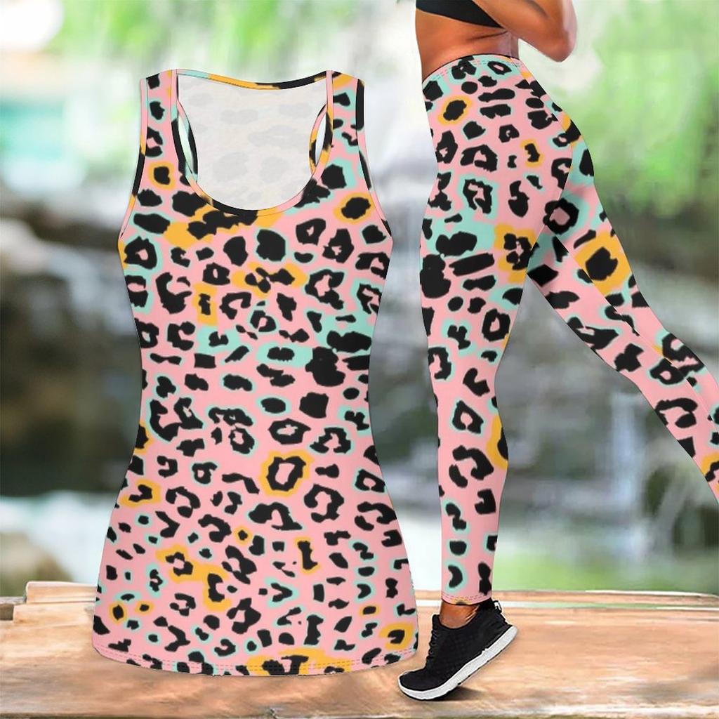 Leopard Print Yoga Outfit for Women Fashion Workout Leggings Fitness Sports Casual Yoga Set Sports Suit