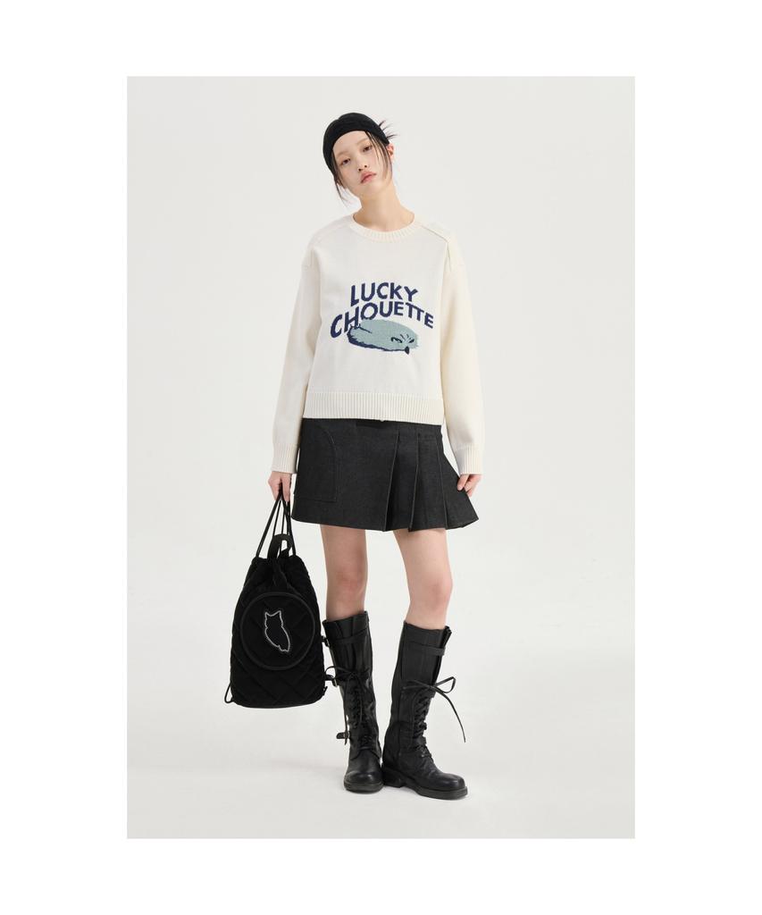 LUCKY CHOUETTE Intarsia Chouette Round Neck Pullover (Ivory)_Lfwas25220Ivx