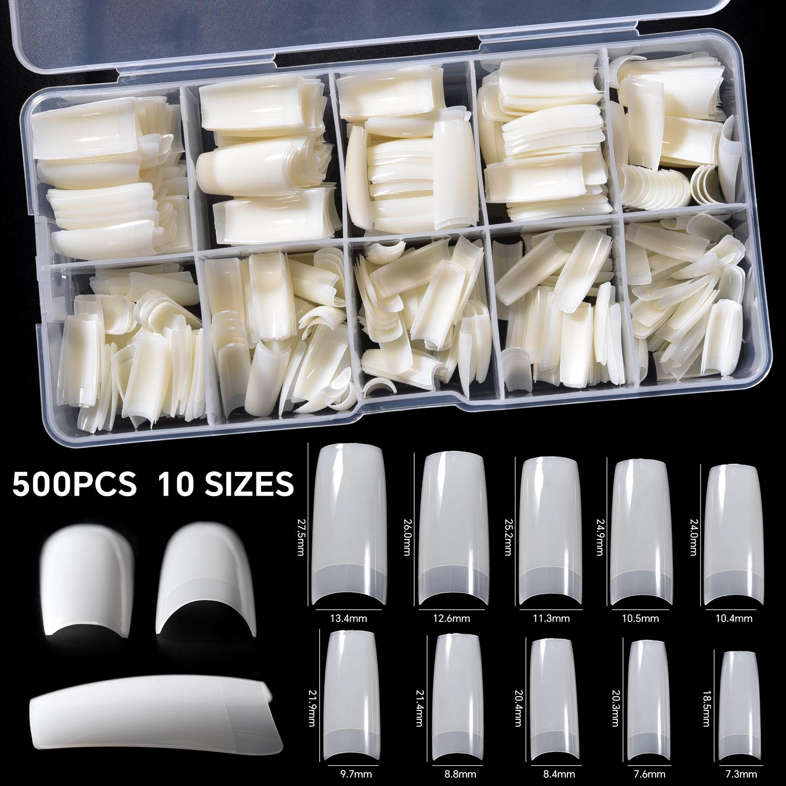 

500 шт. прозрачных/натуральных французских квадратных типсов для ногтей, акриловые искусственные полунакладные хлопья, типсы для ногтей 10 размеров с прозрачной пластиковой коробкой естественный