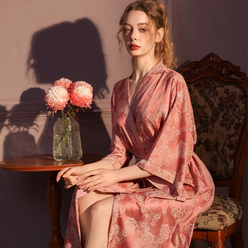 Plus Size Women s Seven-Sleeve Jacquard Ice Silk Robe, Tall Fit, Long Imitation Silk Nightgown for Summer Homewear Women s F (Inner)