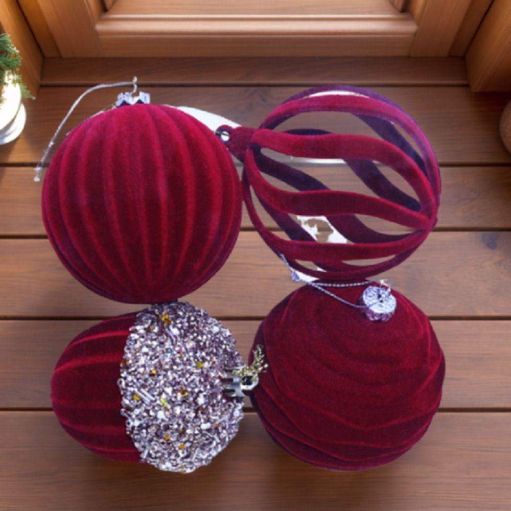4pcs Delicate Christmas Tree Pendant Flocked Xmas Hanging Ornament Velvet Christmas Ball  Holiday