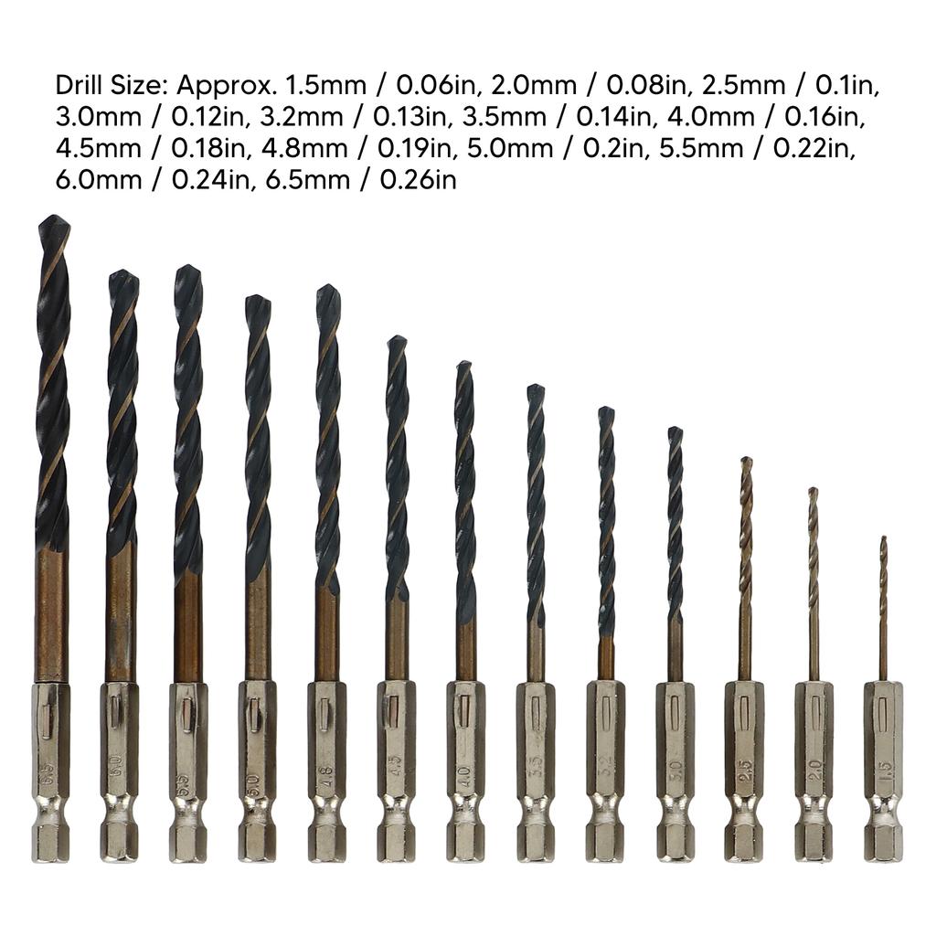 13Pcs Twist Drill Bit 1/4in Hex Shank 1.5‑6.5mm Fast Change for Wood Plastic Metal Hex Shank Twist Drill Bit Twist Drill Bit