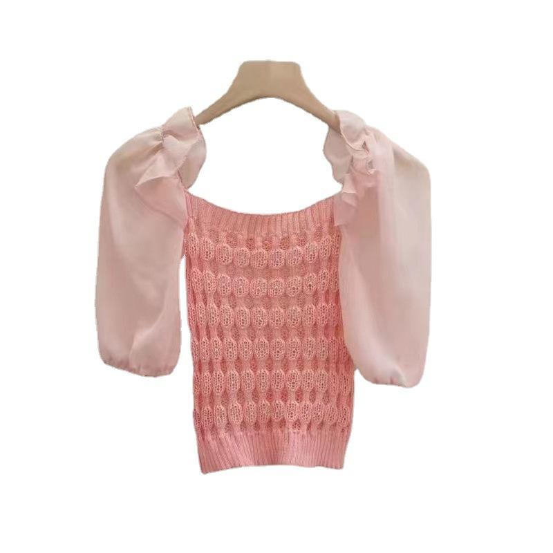 Moda Bükümlü Kare Yaka Kısa Kollu Örme Gömlek Kadın Yaz Tasarım Anlayışı Niş Kısa Kesim Şık Üstler Günlük Temel Slim Fit Kazaklar Tişörtler