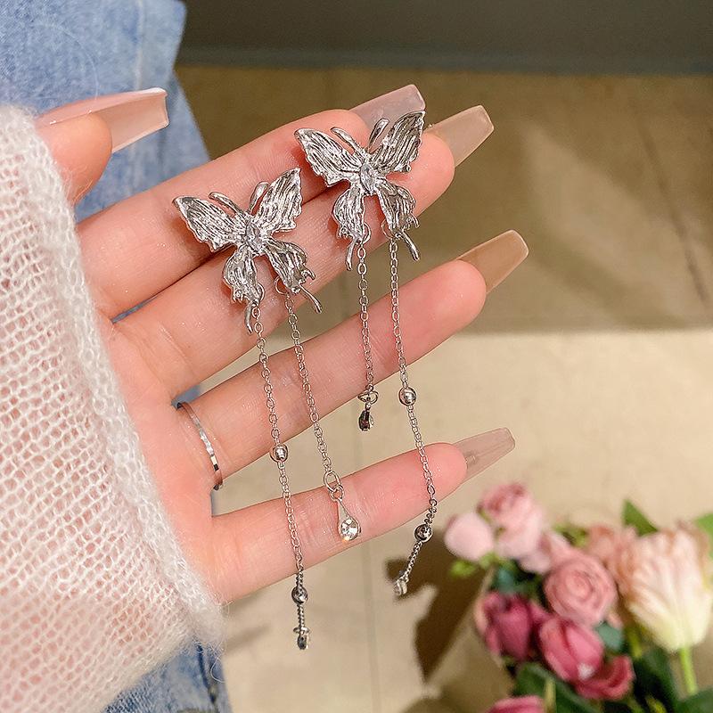 Silver liquid butterfly tassel earrings female niche design elf stud earrings cold wind super fairy earrings