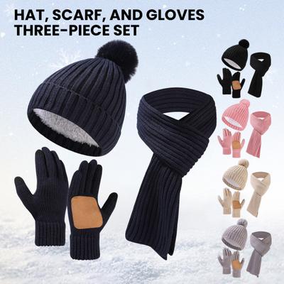 3Pcs/Set Winter Hat Scarf Gloves Set Solid Color Thickened Warm Plush Lining Elastic Brimless Hat Long Scarf Knitting Gloves Set