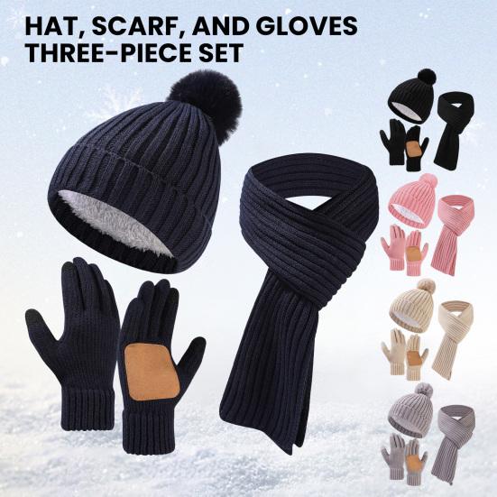 3Pcs/Set Winter Hat Scarf Gloves Set Solid Color Thickened Warm Plush Lining Elastic Brimless Hat Long Scarf Knitting Gloves Set