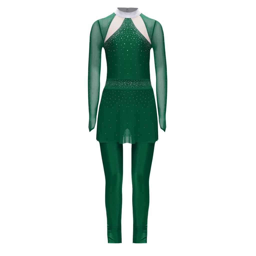 Kids Dance Bodysuit Sparkling Rhinestones Mesh Patchwork Skirted Jumpsuit for Skating Competitions