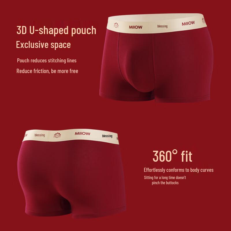Mao Ren Herren Glücksbringer Rote Baumwolle Antibakterielle Boxer-Slips 3er-Pack