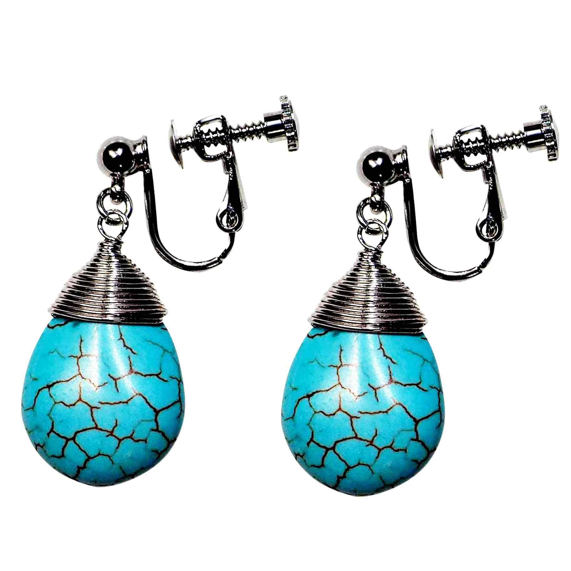 

natural elegant Miyabi Grace Women s earrings, non-pierced earrings, popular, painless, teardrop, turquoise, blue, stone, blue, large, gemstone, синій