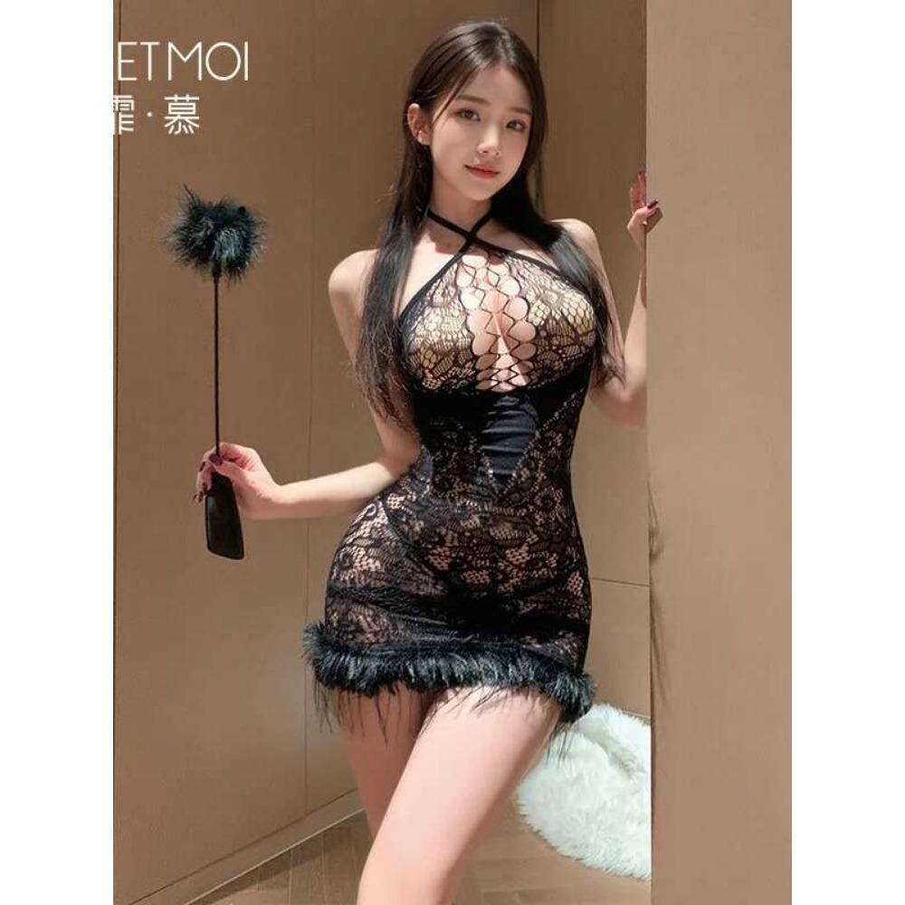 Sexy Hollow Chest Plush Perspective Seduction Sleepwear Sexy Dress Elegant Tank Mini Dress Mesh Lace Sheer Sweet Women Tops 1OW9