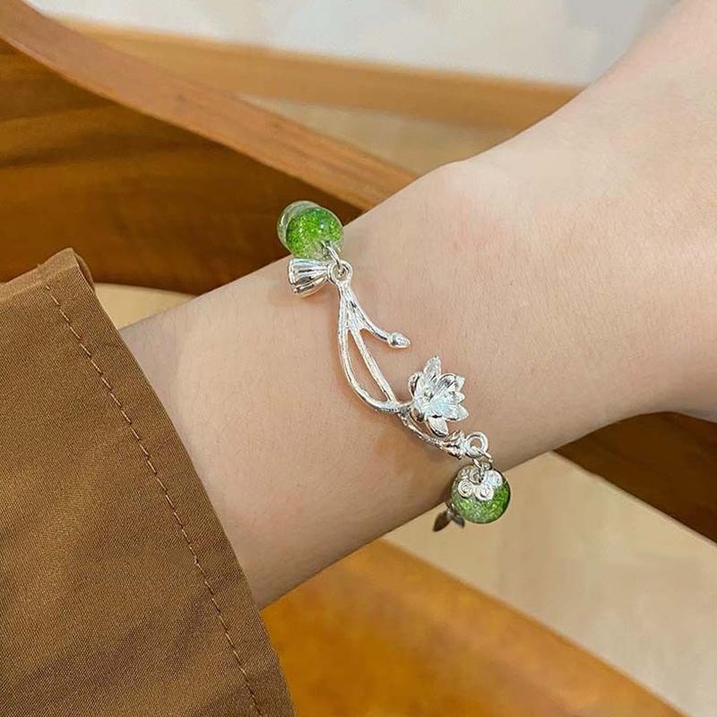 Armbånd med sjarm av lotusblomst og antikke perler i kinesisk stil, vintage armbånd med bambusledd for kvinner, kreativt håndlaget smykke, gave