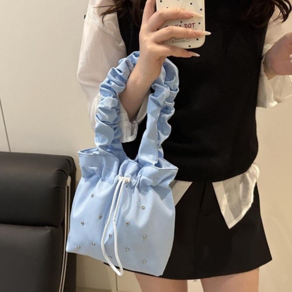 Sweet Pleated Tote Bag Large Capacity Drawstring Handbag Trendy Nylon Shoulder Bag  Commuting