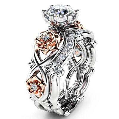 New Arrival Two-Color Rose Flower Crystal Zircon Ring - European & American Fashion Jewelry