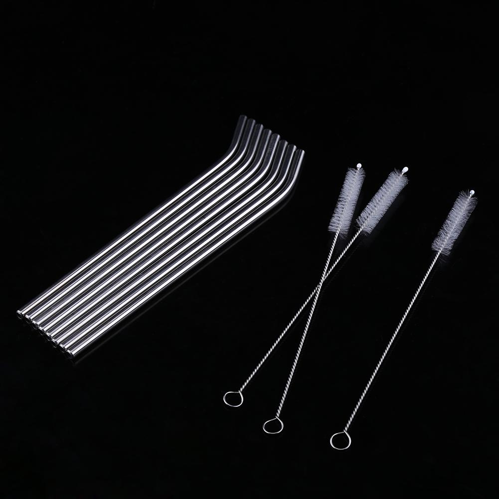 8PCS Stainless Steel Metal Drinking Beverage Straws Set W 3 Reusable Cleaning Brushes Kit