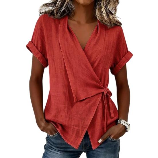Women Tops V Neck Short Sleeve Pure Color Shirt with Side Tie Irregular Loose Fit Tee Shirt Summer Daily Wear