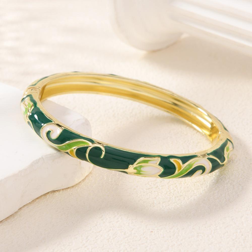 Open Chinese Cloisonne Bracelet Traditional Cheongsam Bracelet Classic Lotus Flower Bangle  Daily