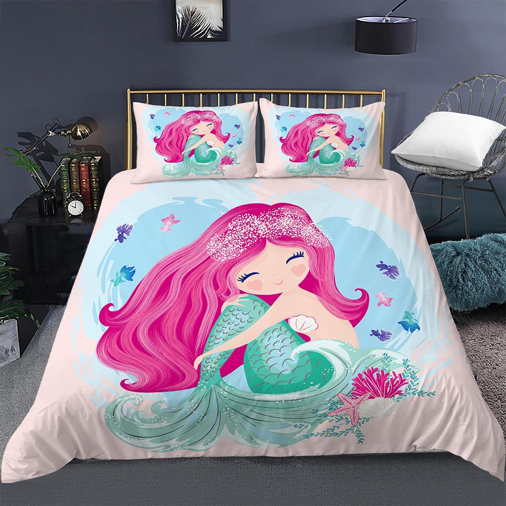 Bedding Set Girls Mermaid Duvet Cover Set With Pillowcase Cartoon Edredones Niños Girl Princess Quilt Cover Full Size Bedspread