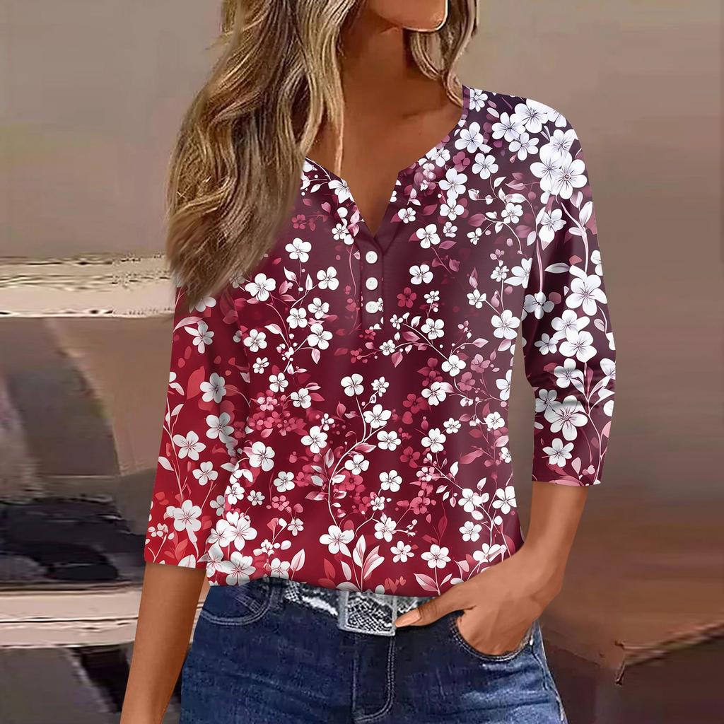 Women's T Shirt Print Button 3/4 Sleeve Daily Weekend Fashion Basic V- Neck Regular Top