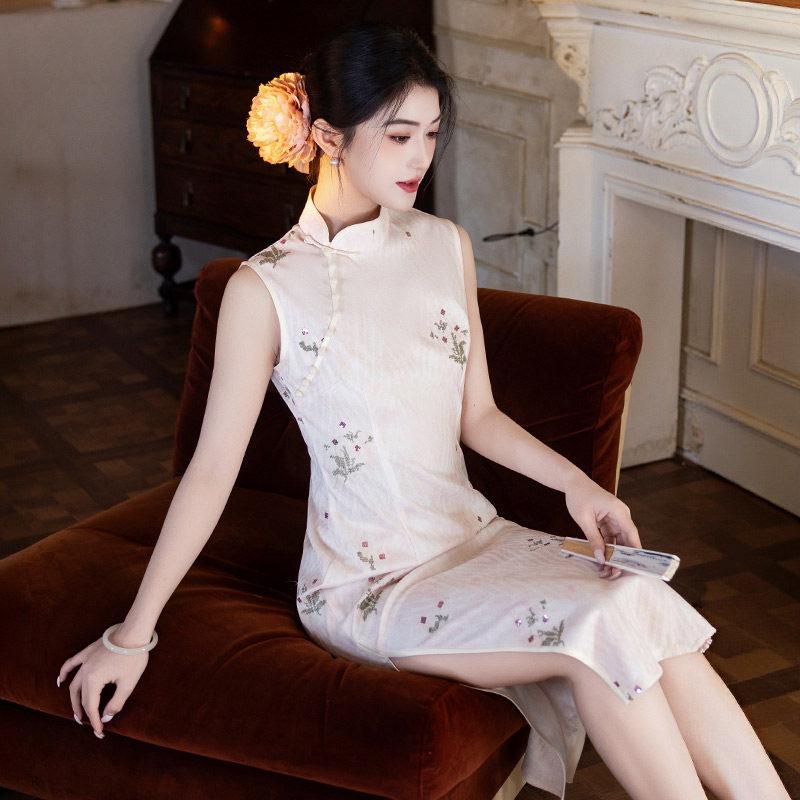 White sleeveless national style new Chinese daily Suzhou long cheongsam improved young 1011 new women's high sense