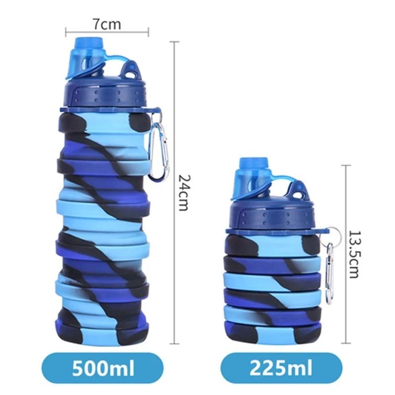 Portable Collapsible Silicone Water Bottle with Lid Camouflage Foldable Kettle For Sports Travel Drinking Cup With Carabiner Cup
