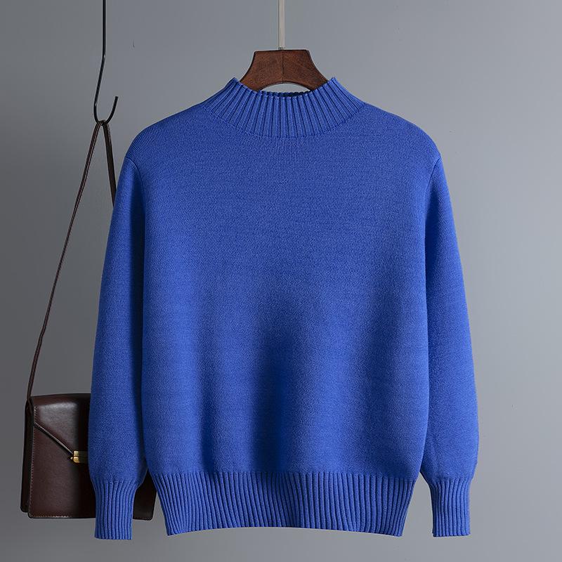 Women's Winter Korean Style Fleece Knit Pullover, Solid Color, Half-High Collar, Slim-Fit Base Layer Top.