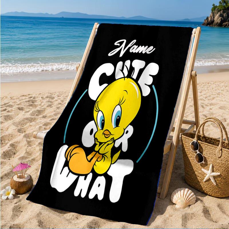 Custom Name Cute Tweety-Bird Artwork Heart In Space Adventure Microfiber Beach Towel, Lightweight for Summer Travel, Swimming Pool Fan Gift