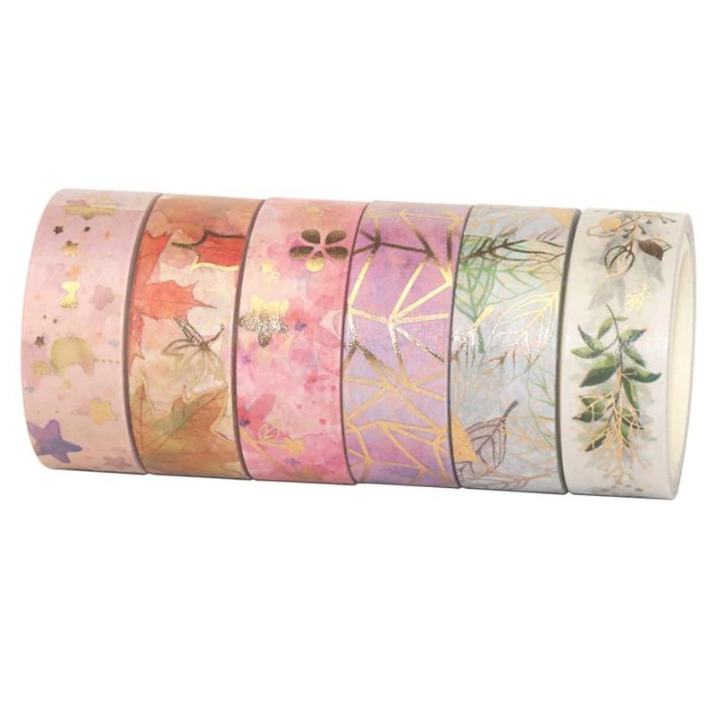 6 Rolls of Flower Bronzing Pattern Washi Tape Beautiful Washi Tape for Scrapbooking Study Stationery Decoration Learning Supplies
