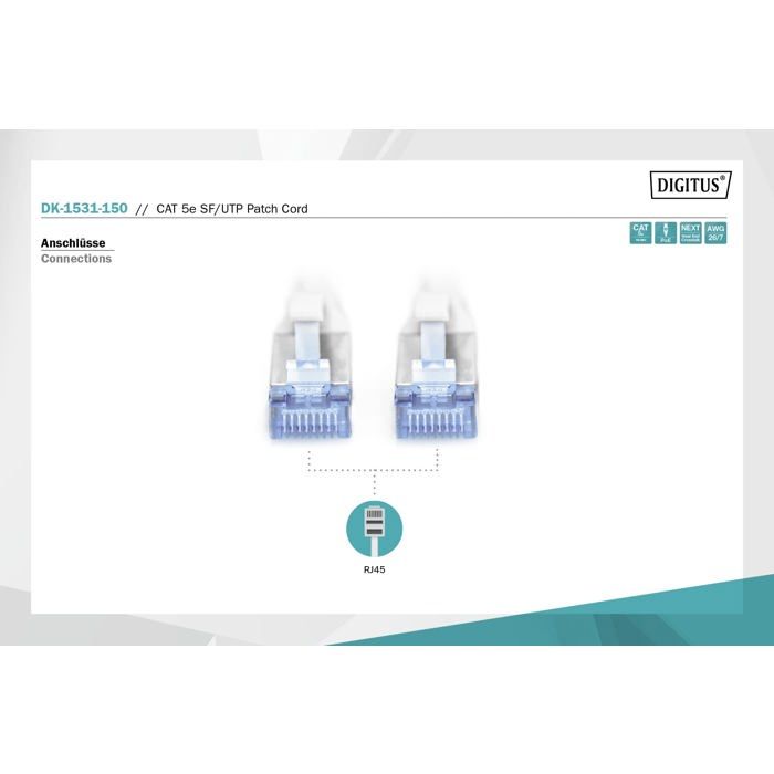 Cordon de raccordement digitus premium - rj-45 (m) - rj-45 (m) - 15 m - sftp - cat 5e - gris