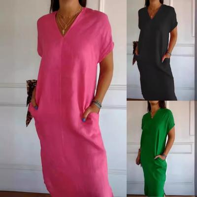 Spring and Summer New Cotton and Linen Short Sleeved Slit Loose Dress for Women