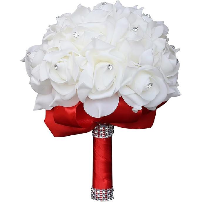 CUIWEI Wedding Bouquets for Bride & Bridesmaid - Hand Roses & Silk Roses Crystal Diamond Artificial Flowers for Wedding Parties, Churches (White)