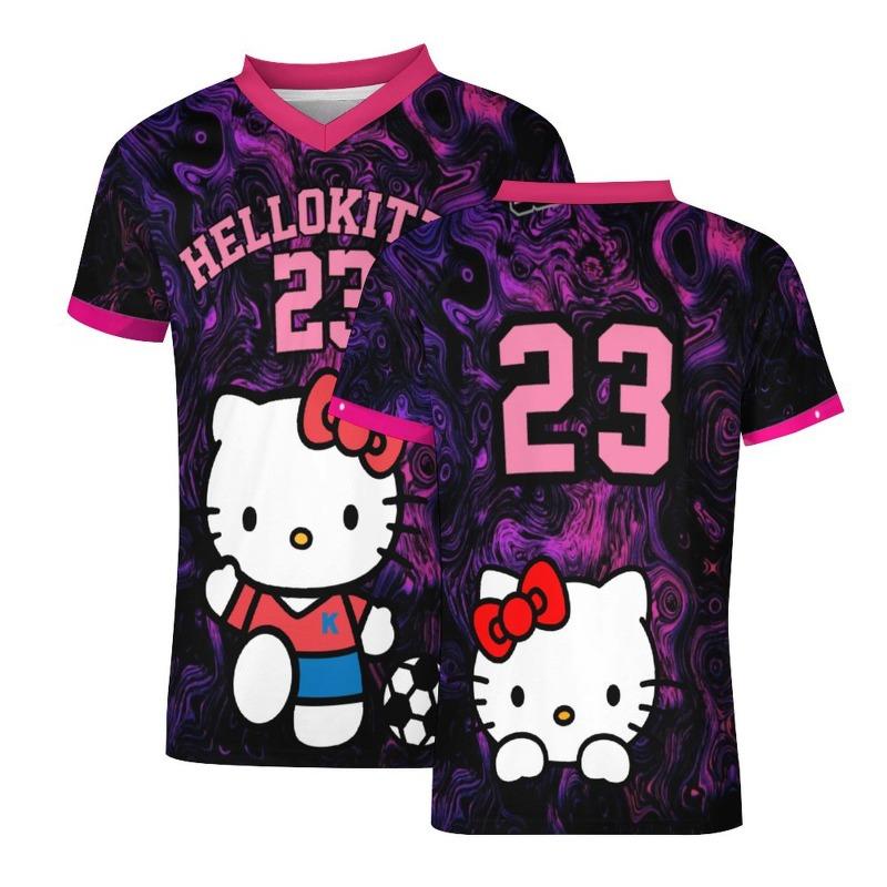 

Oversized Sports Women T-shirt Hello Kitty V-neck Football Jersey Casual Sport Short Sleeve Harajuku Loose Tshirt Streetwear Top XXS