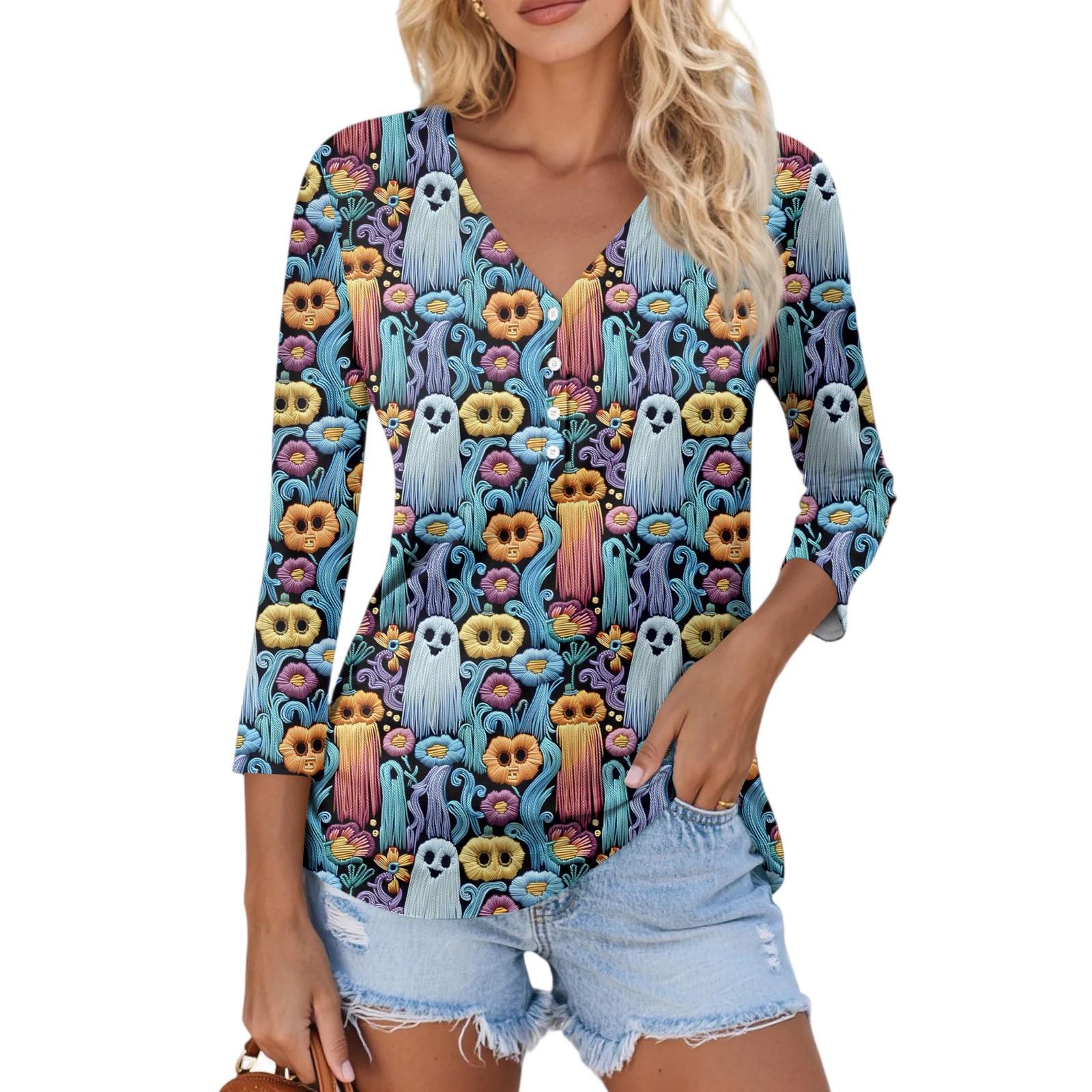 

Женский Повседневный Модный Сексуальный Удобный Топ с V-образным вырезом и рукавом семь восьмых на Хэллоуин L