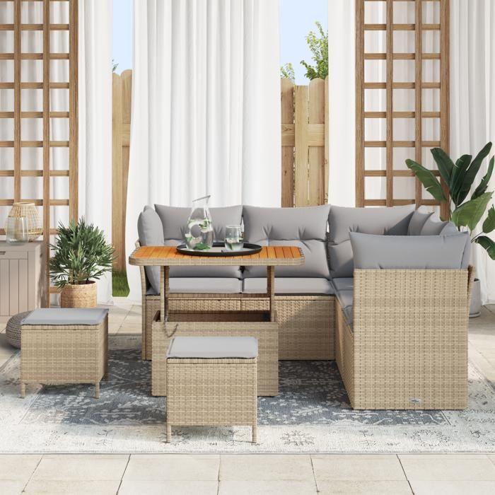 Ensemble de canapés de jardin 8 pièces avec coussins Beige Poly Rattan Acacia, Ensemble de salle à manger de jardin 3 pièces 3361487