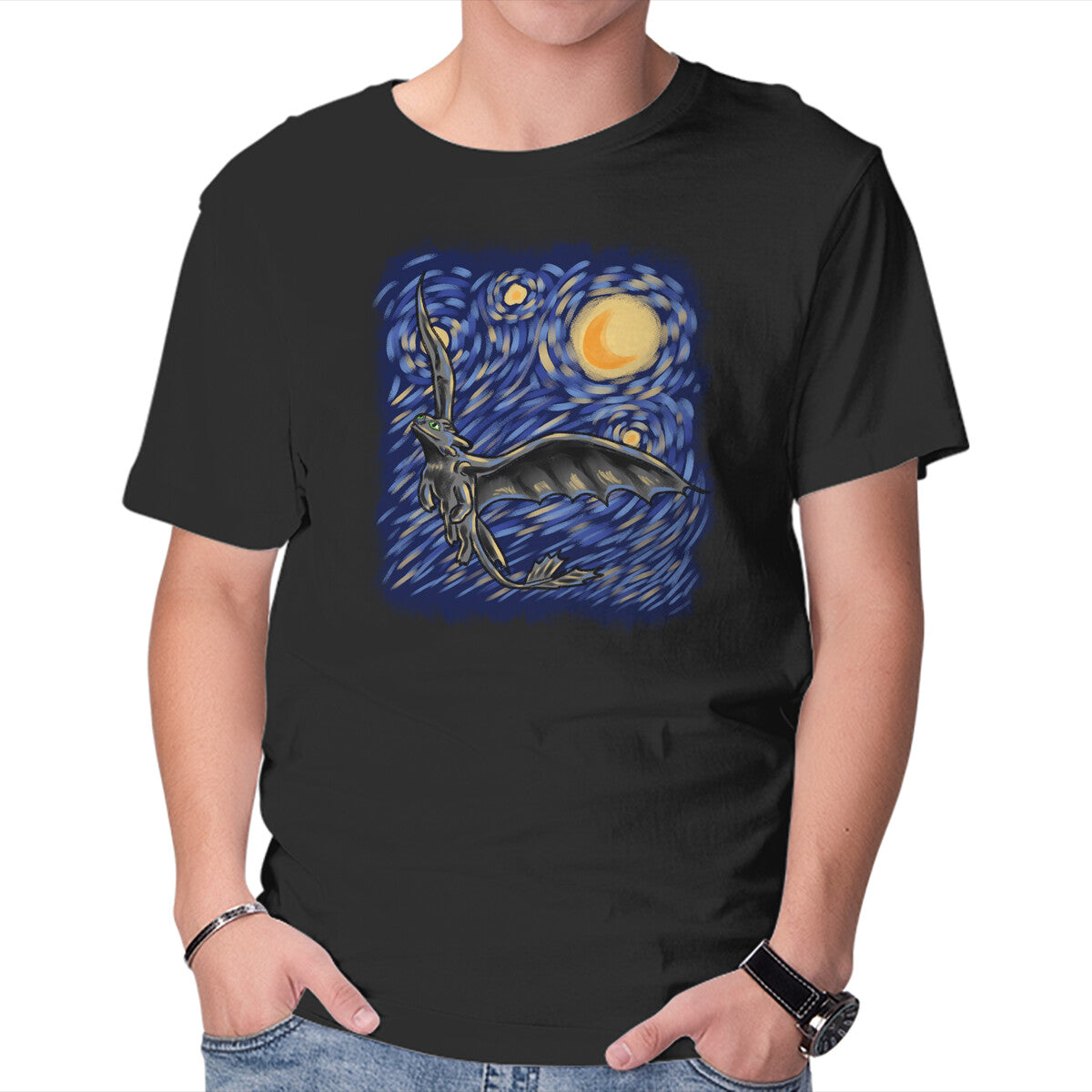 Unisex Crew Neck T-Shirt Dragon Starry Night Graphic Short Sleeve Casual Tee XXL