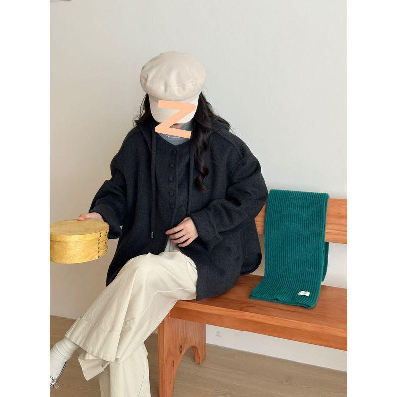 

Petite College-Style Double-Sided Wool Cashmere Hooded Jacket - Loose Fit, Korean Fashion, Short Coat for Autumn/Winter S for 80-125 lbs