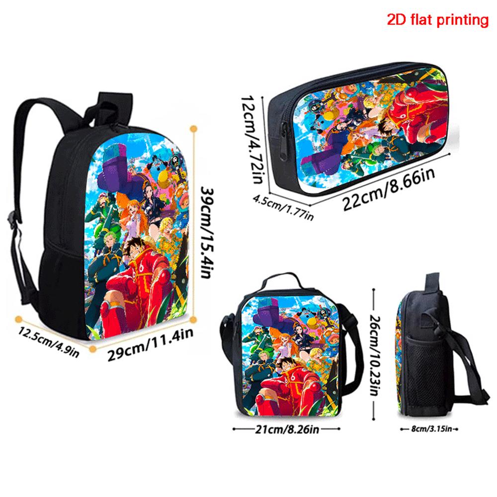 One Piece 15 Inch 3 Pcs Cartoon School Backpack Set Lightweight Bag With Lunch Bag Pencil Case For Boys Girls Grade 1-3 Mochila
