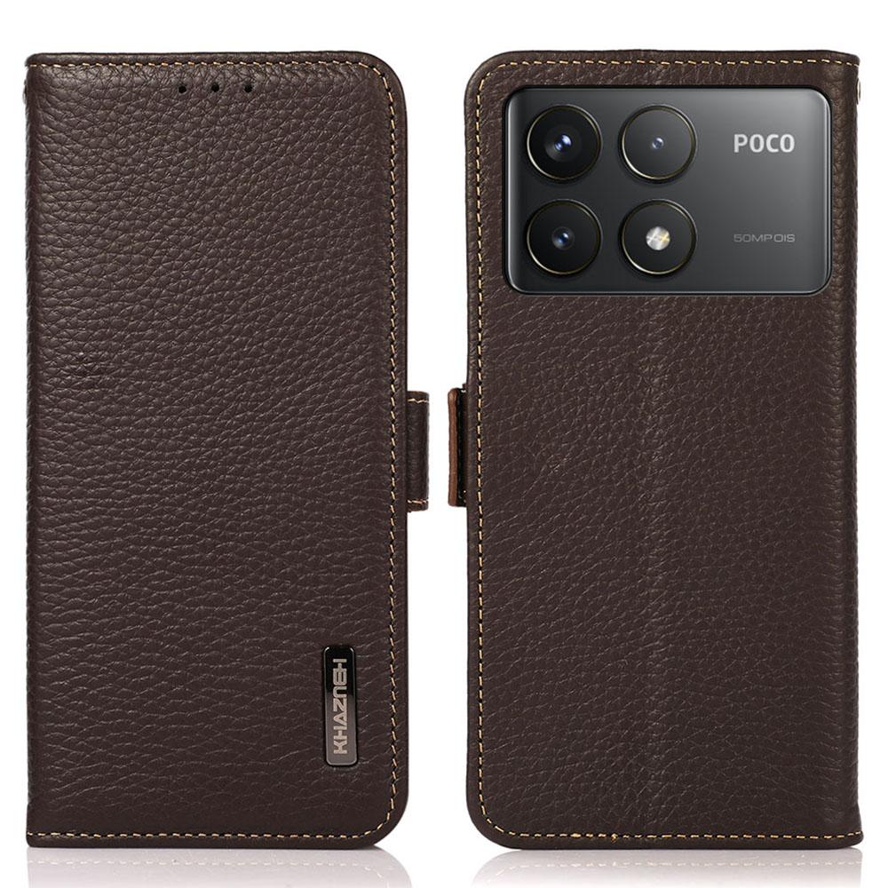 

For Xiaomi Poco F6 Pro 5G/Redmi K70 5G/K70 Pro 5G Case RFID Blocking Genuine Cow Leather Cover Lychee Pattern Brown