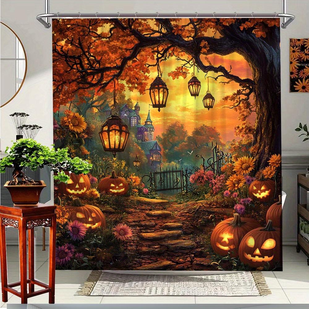 [Halloween Shower Curtain] Spooky Halloween Shower Curtain | Pumpkin Lanterns & Enchanting Castle Scene - Polyester Fabric Bat 90x180cm