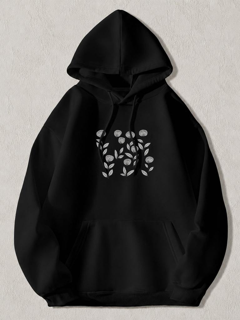 Black Pullover Hoodie with White Floral Botanical Print Long Sleeve Sweatshirt with Kangaroo Pocket And Drawstring Hood Casual Str