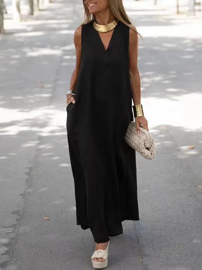 Summer New Style Deep V Neck Sleeveless Long Sleeve Plus Size White Cotton Linen Dress