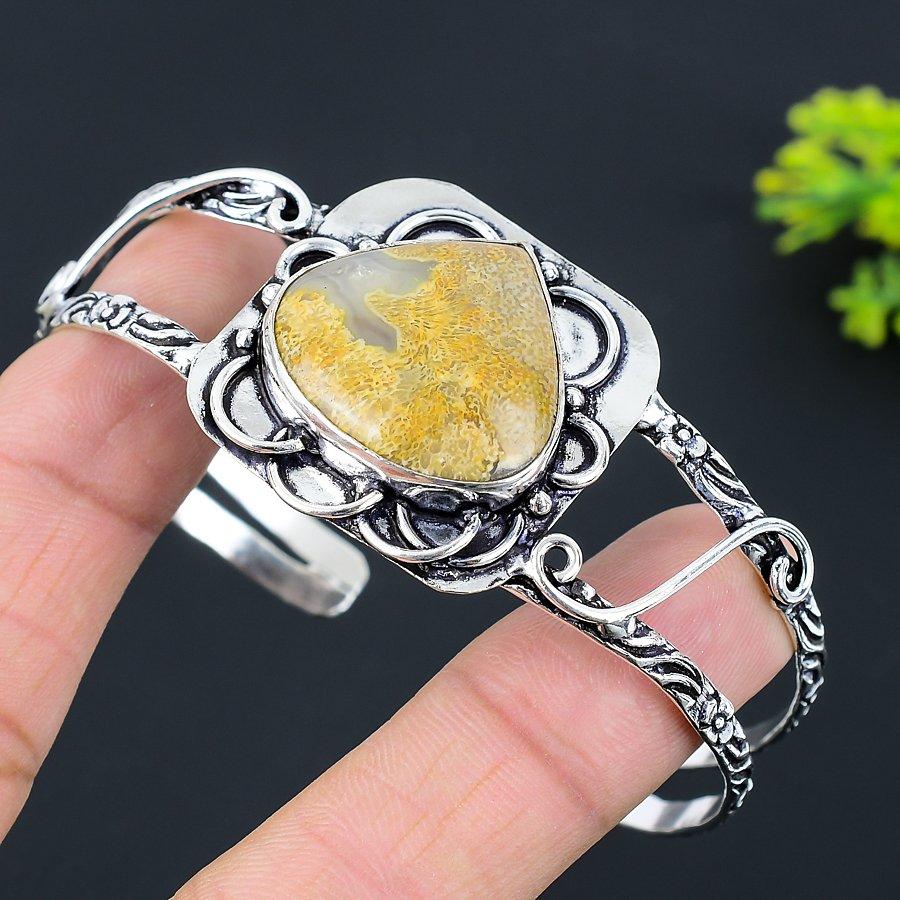 Natural Fossil"Coral Gemstone 925 Sterling Silver Cuff Bangle Adjustable s7R80