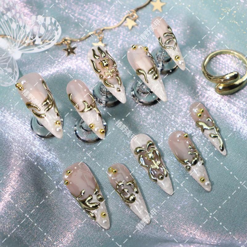 Luxury Gold-Trimmed Rose Press-On Nails Long Pointed Acrylic False Women Nude Pink Elegant Reusable Manicure