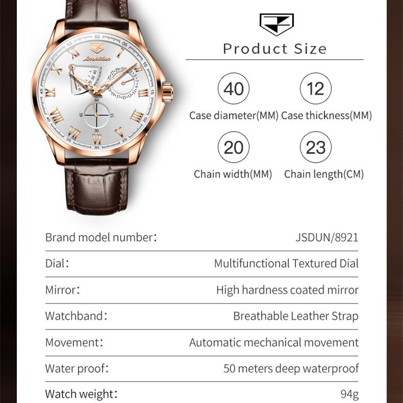 JINSHIDUN Multi-functional Hollow Pointer Fashion Small Second Dial Fully Automatic Mechanical High-end Men's Watch