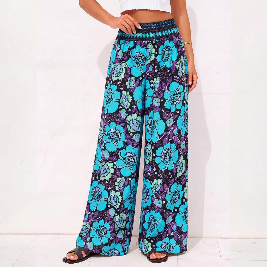 Women Plus Size Wide Leg Palazzo Pants Summer Boho Floral Print High Waist Elastic Waistband Lounge Trousers with Pockets