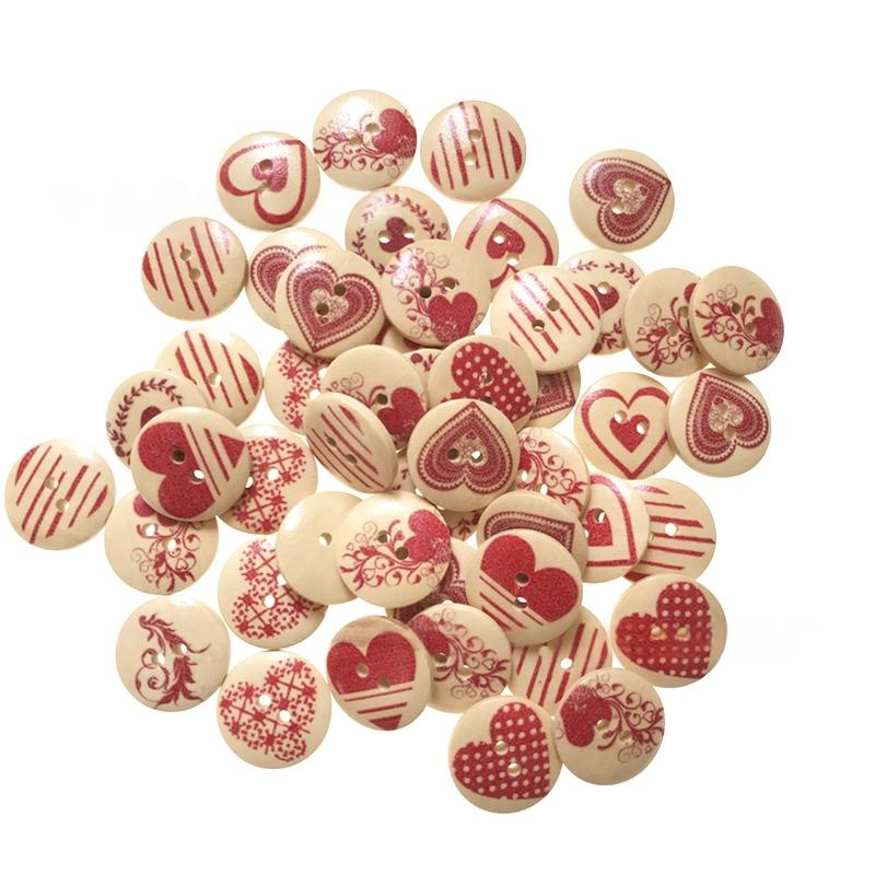 100Pcs 15mm Natural Flat Round Printed Wood Buttons 2-Hole Flat Round with Heart Decorative Wooden Buttonsfor DIY Sewing