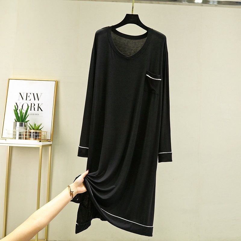 Men's Loose Modal Lounge Dress - Summer Thin V-Neck Long Sleeve Casual Wear, Oversized Home Outfit with Pockets