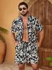 Men's Shirt Set Summer Striped Printed Short Sleeve Shirt Drawstring Shorts Casual Hawaiian Style Men's 2 Piece Home Large Size