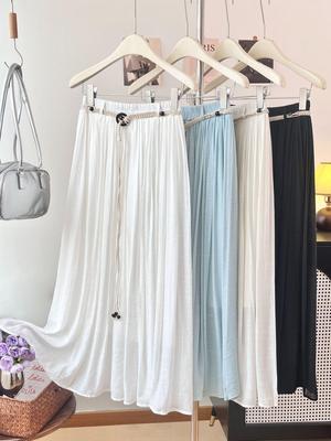 Bohemian High-Waisted A-Line Midi Skirt with Belt - Women's Flowing Slim Summer 2026 Style