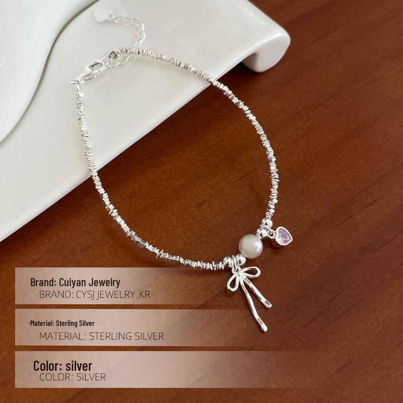 Cui Yan S925 Sterling Silver Korean Bow Bracelet with Pearl Flakes - Elegant and Sweet Design for Women